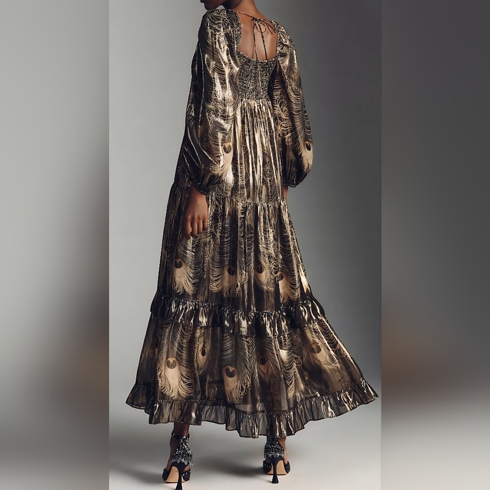 By Anthropologie Long-Sleeve Metallic Babydoll Midi Dress,XXS,XS &S, Gold&Black - Picture 2 of 16